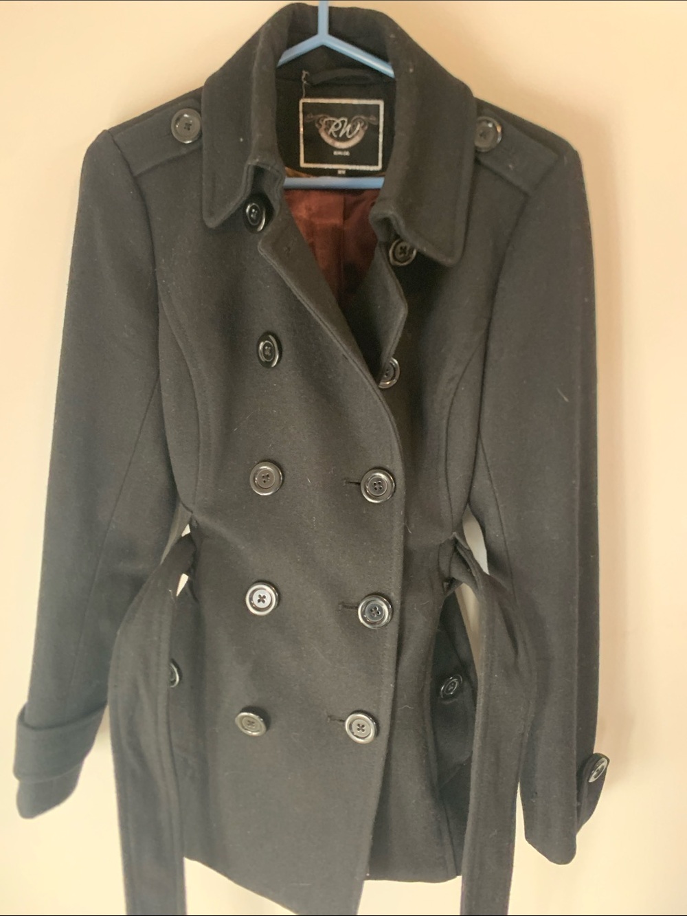 RW&CO. Black Double-Breasted Wool Peacoat with Waist Tie